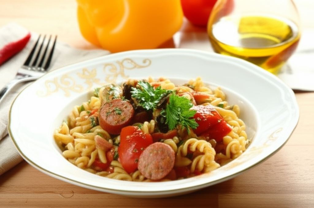 Świderki w paprykowo-grzybowym sosie z kiełbasą