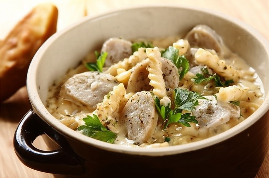 Świderki w sosie grzybowym z białą kiełbasą