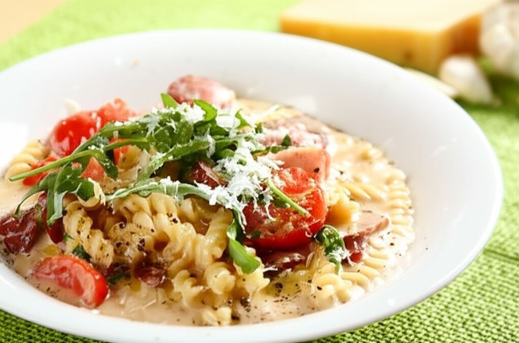 Świderki w sosie grzybowym z kiełbasą chorizo i pomidorkami cherry