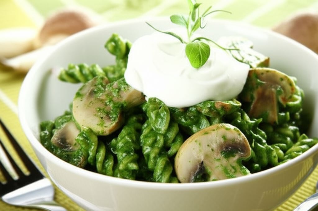 Świderki z pieczarkami w zielonym sosie