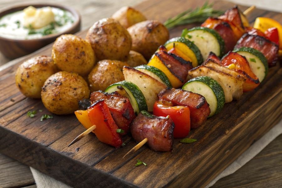 Szaszłyki z boczkiem i warzywami (z grilla)