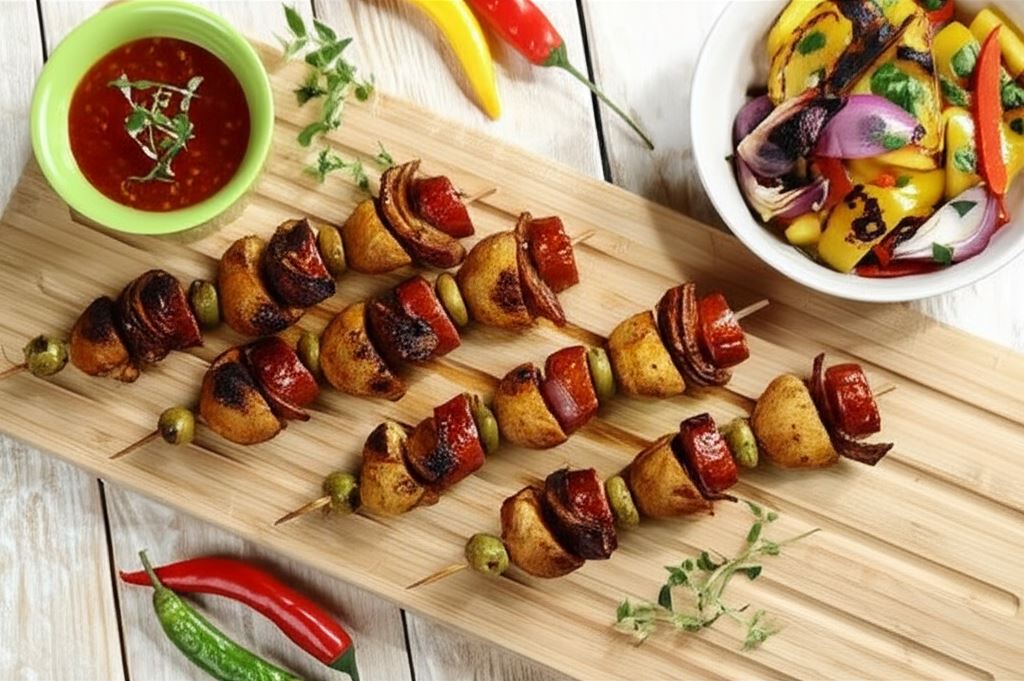 Szaszłyki z kiełbasą i pieczarkami