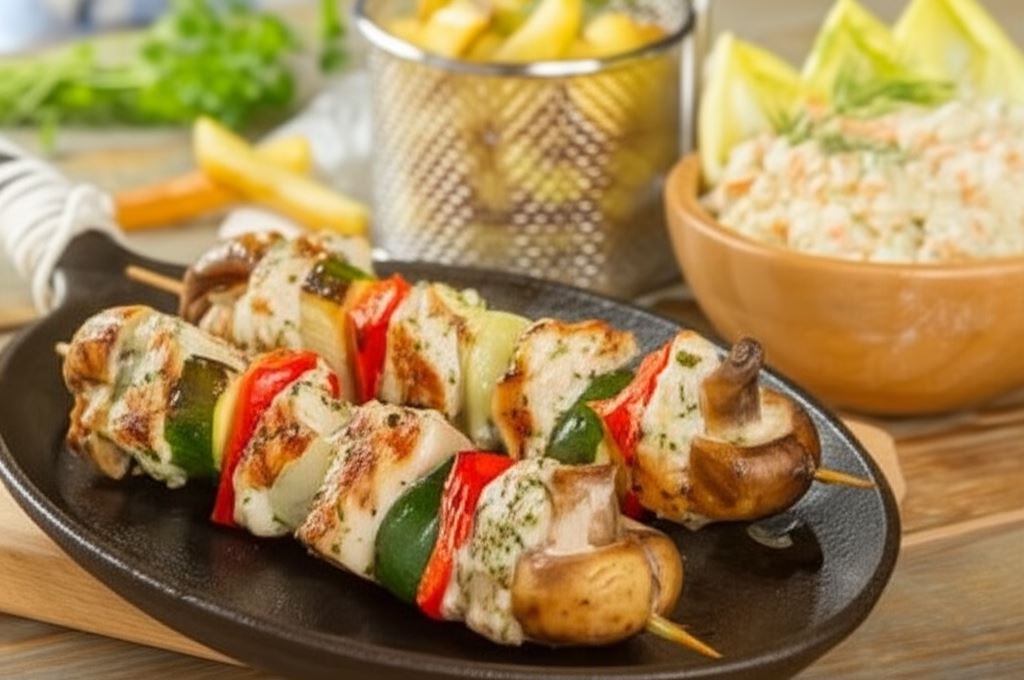 Szaszłyki z kurczaka z pieczonymi frytkami