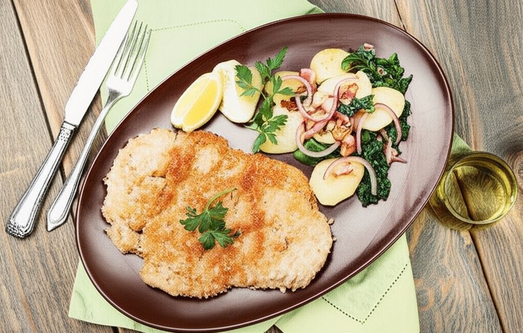Sznycel po bawarsku z ziemniaczaną sałatką z jarmużem