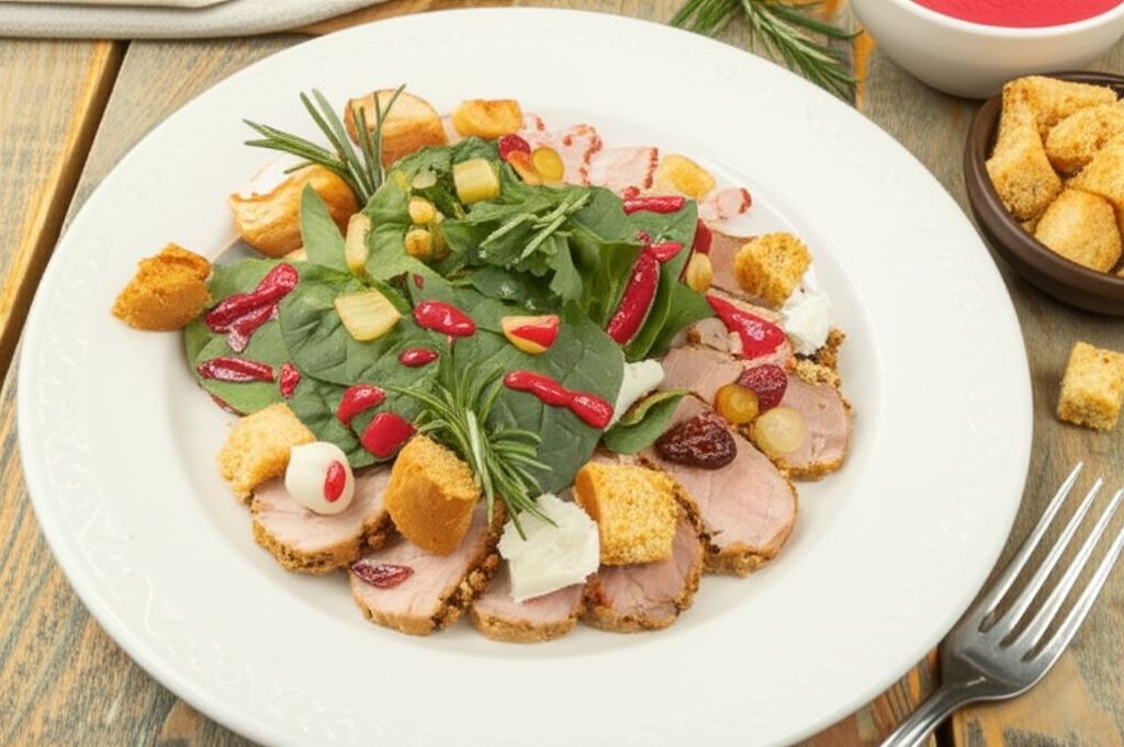 Szpinak z polędwiczką wieprzową z malinowym dressingiem