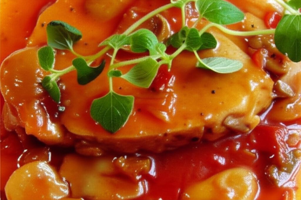 Szynka duszona w sosie pomidorowo-pieczarkowym