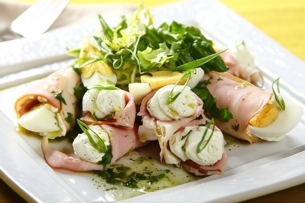 Szynkowe roladki zawijane z kremem chrzanowym i jajkami