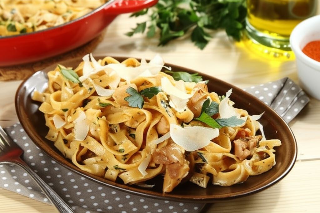 Tagliatelle w kremowo-czosnkowym sosie z grillowanym kurczakiem