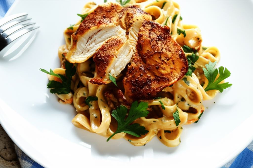 Tagliatelle z grillowanym kurczakiem w sosie z niebieskiego sera