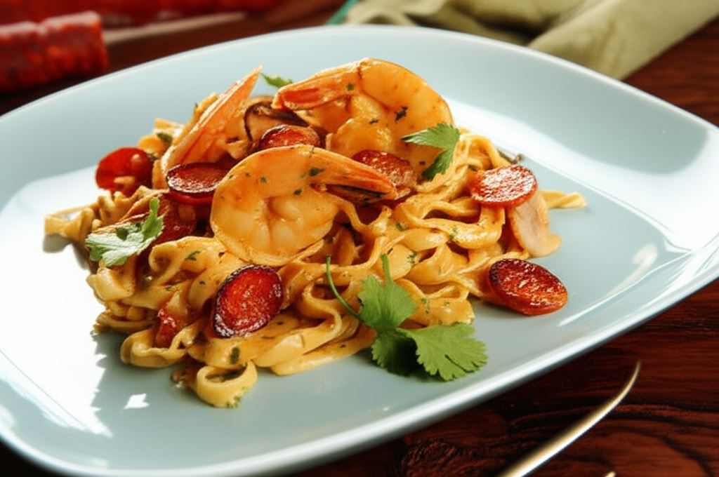 Tagliatelle z pesto z suszonych pomidorów z chorizo i krewetkami