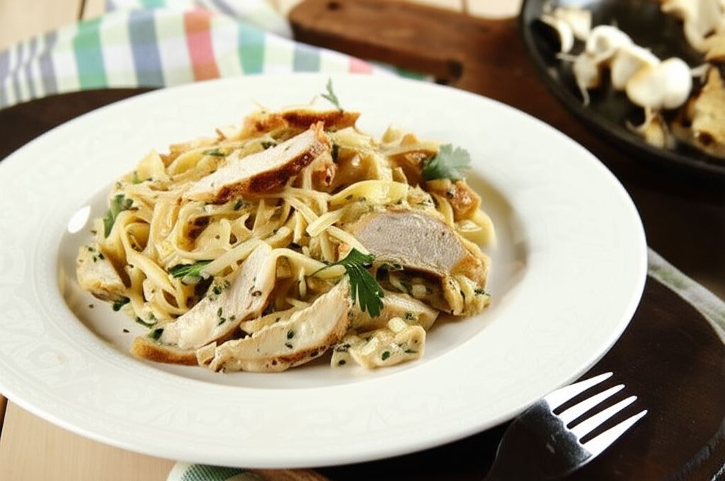 Tagliatelle z sosem czosnkowym i grillowanym kurczakiem