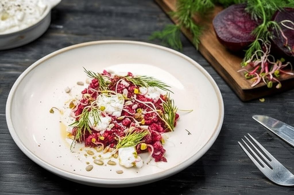 Tatar z pieczonych buraków z kozim serem