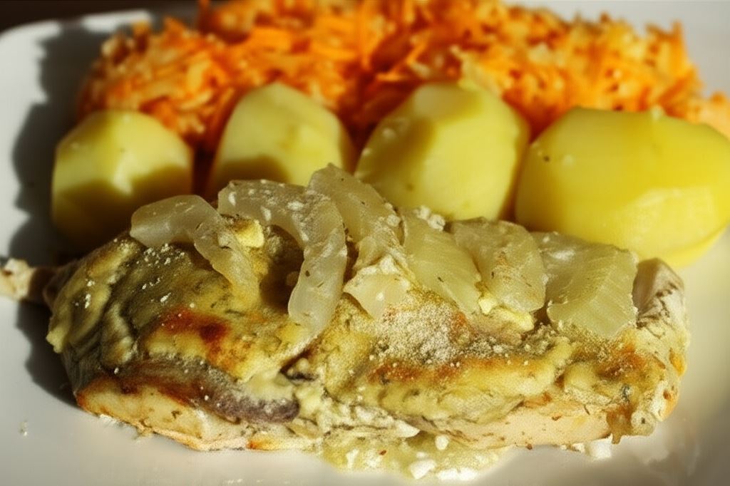 Tołpyga zapiekana w sosie koperkowym