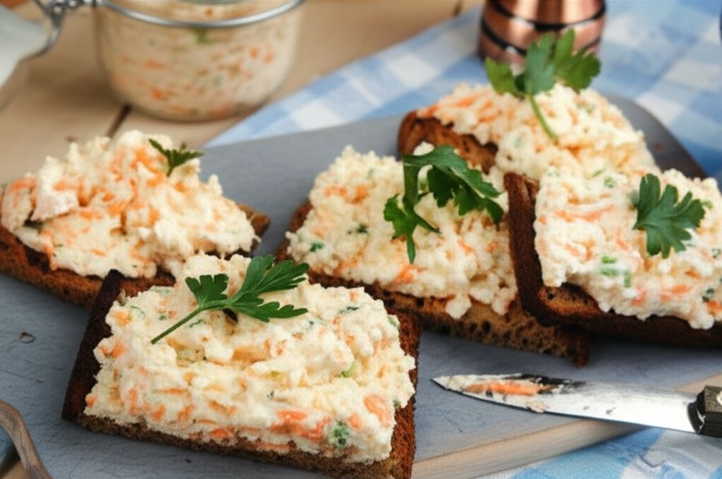Tosty z marchewkowym twarożkiem z chrzanem i sałatką warzywną