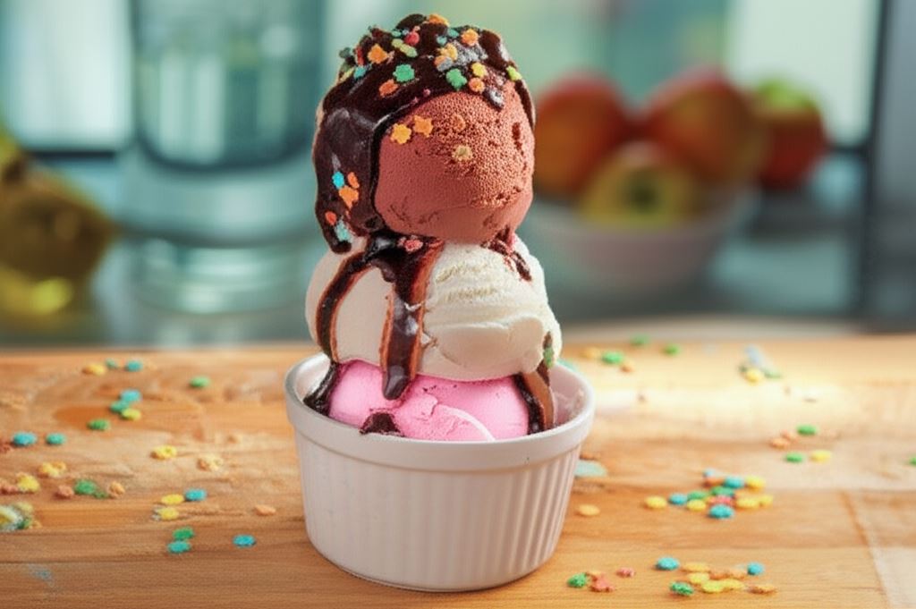 Tradycyjne lody w trzech smakach - lodowa wieża z polewą