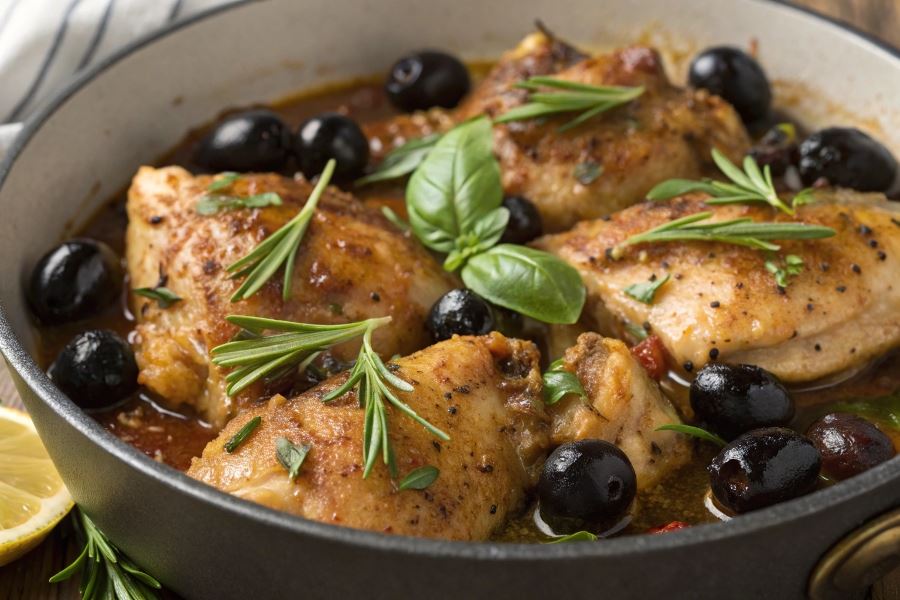 Tradycyjny kurczak włoski z ziołami i czarnymi oliwkami