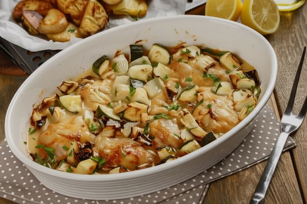 Udka z kurczaka pieczone z koprem włoskim i cukinią