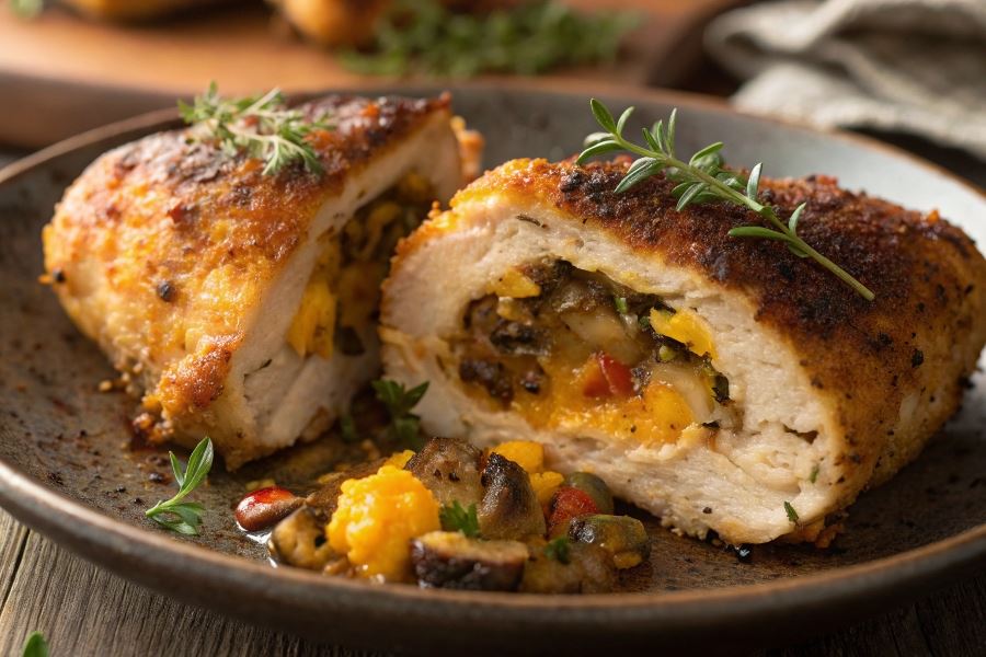 Udka z żółtym serem i pieczarkami