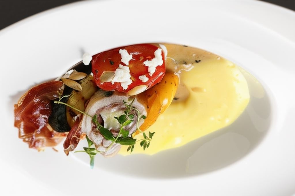 Wariacja na temat kurczaka na lekkim puree szafranowym z sałatką z grillowanych warzyw