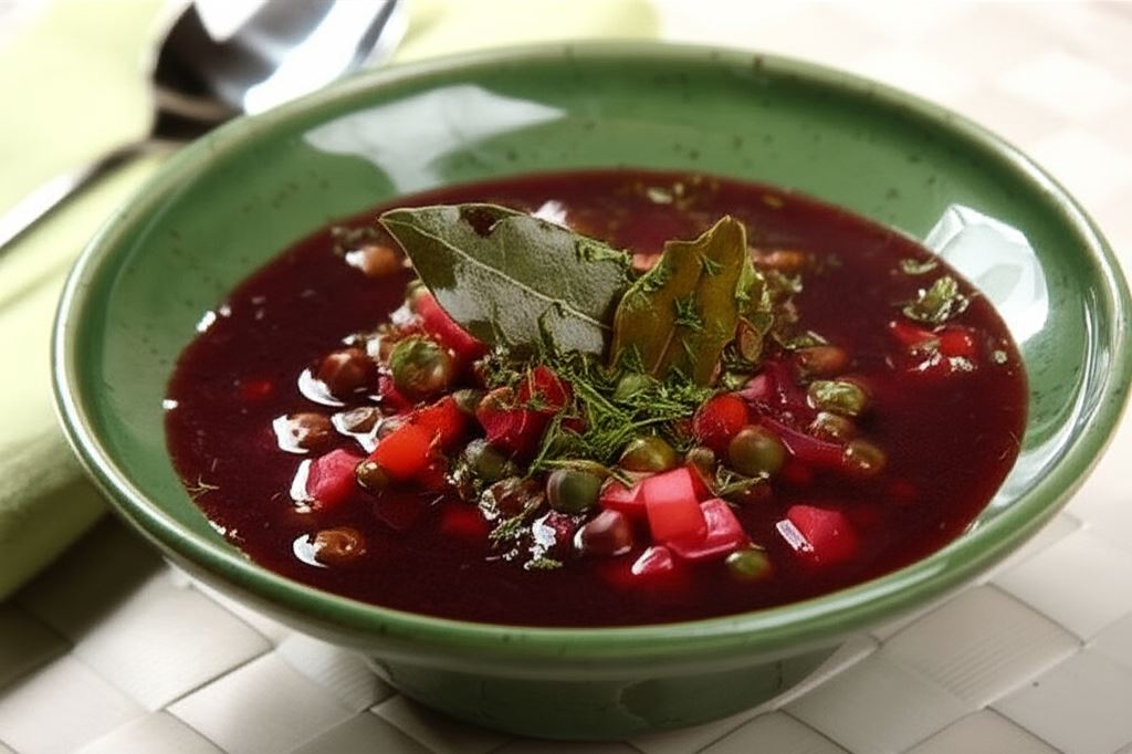 Warzywny barszcz z zielonym groszkiem