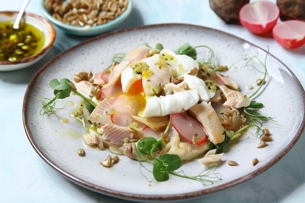 Wędzona sieja z sałatką z marynowanych rzodkiewek i jajkiem poched