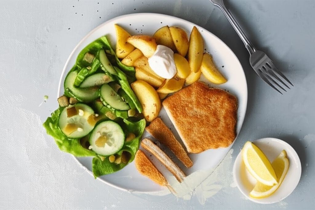 Wegański sznycel z łódeczkami ziemniaczanymi