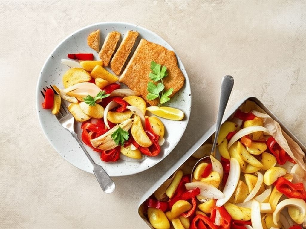 Wegański sznycel z pieczonymi warzywami