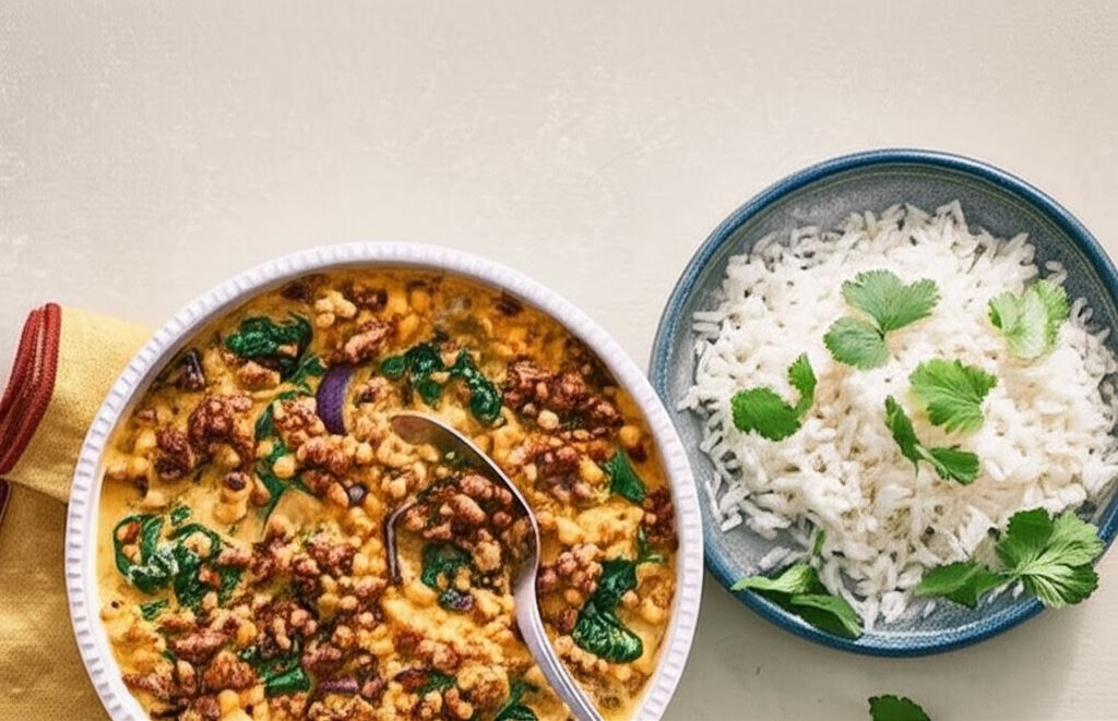 Wegańskie curry z czerwonej soczewicy ze szpinakiem