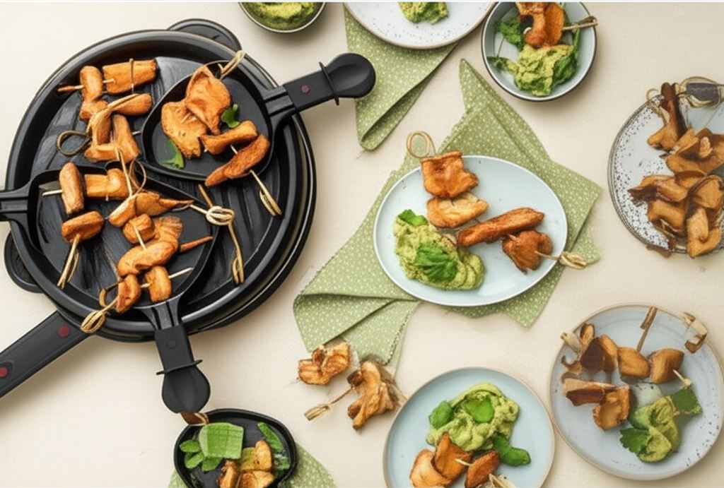 Wegańskie szaszłyki z kawałkami roślinnego a'la kurczaka z dipem guacamole