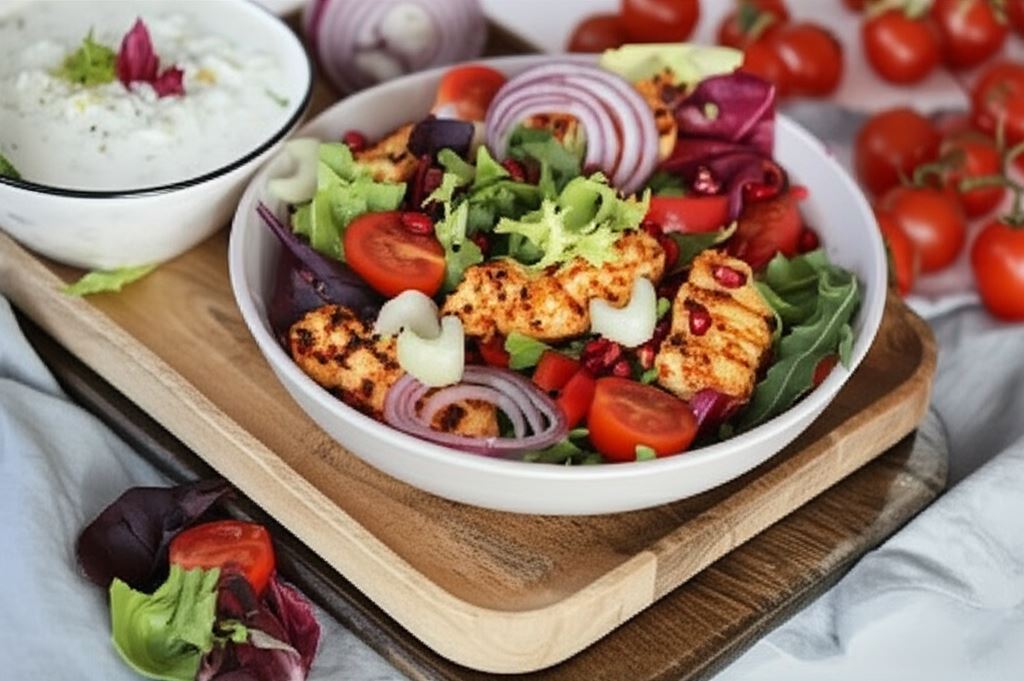 Wiosenna sałatka z pikantnym kurczakiem i sosem tzatziki