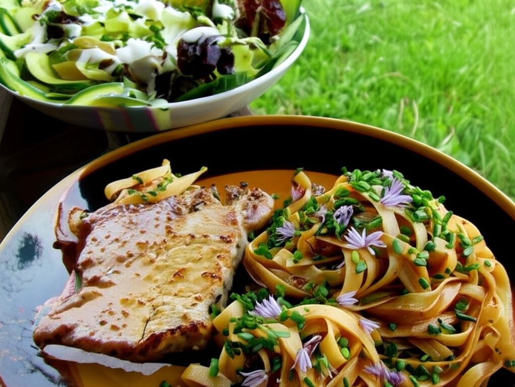 Wstążki ze szczypiorkiem i schab z patelni