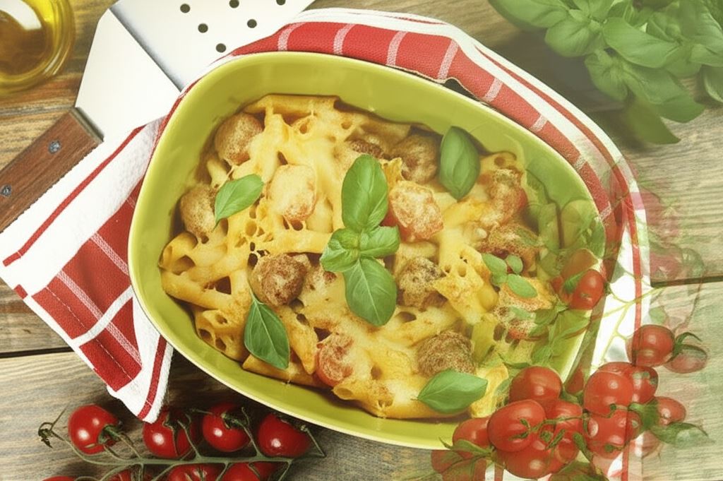 Zapiekane klopsiki z makaronem