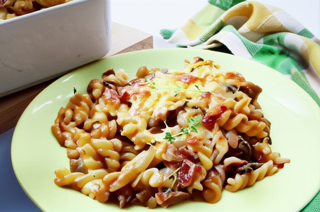 Zapiekanka makaronowa w sosie śmietanowo-grzybowym
