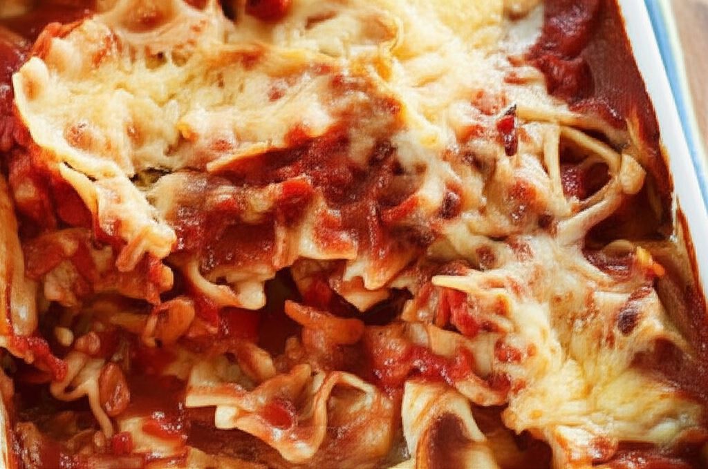 Zapiekanka makaronowa z boczkiem i sosem pomidorowym