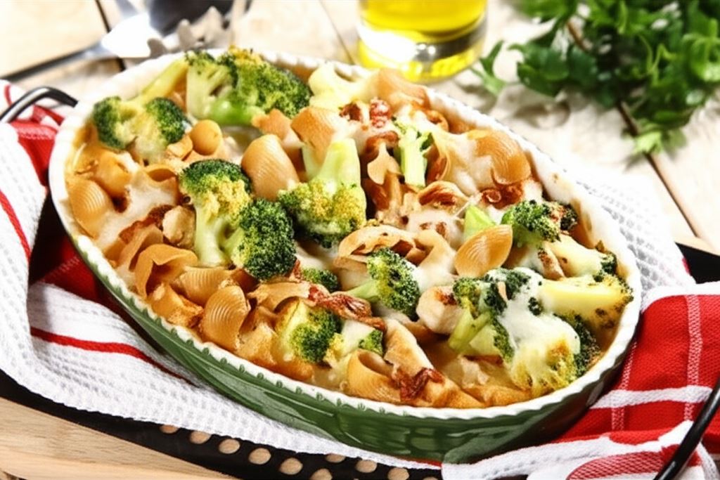 Zapiekanka makaronowa z brokułami i grillowanym indykiem