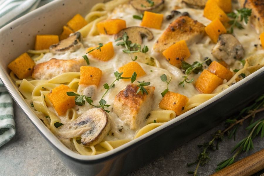 Zapiekanka makaronowa z dynią i kurczakiem