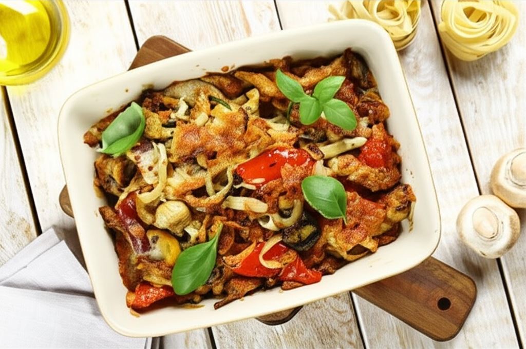 Zapiekanka makaronowa z warzywami i grillowanym kurczakiem