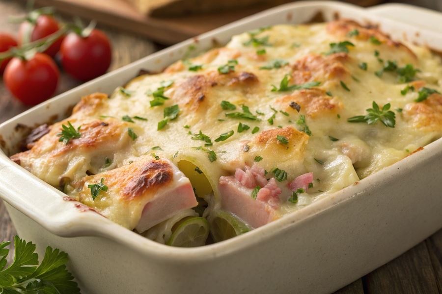 Zapiekanka z szynki i porów
