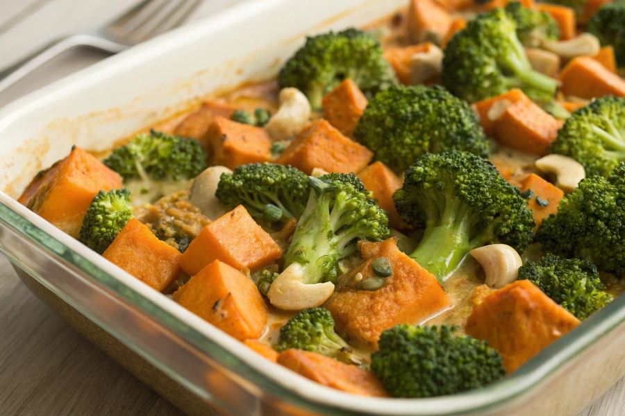 Zapiekanka ze słodkich ziemniaków z brokułami