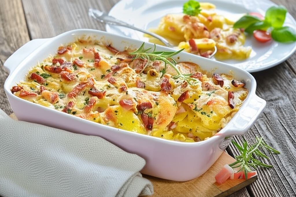 Zapiekanka ziemniaczana z boczkiem i cebulą