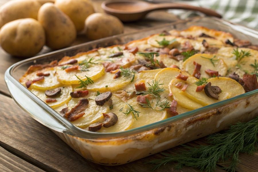 Zapiekanka ziemniaczana z pieczarkami i boczkiem