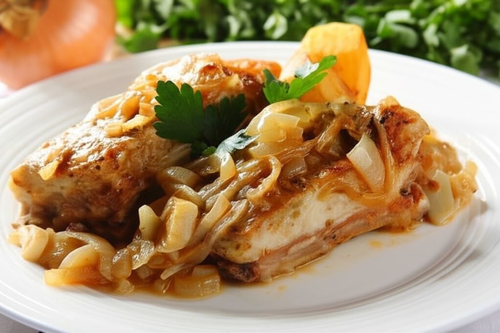 Żeberka duszone z cebulą