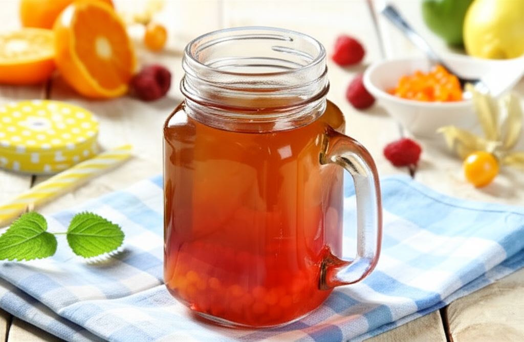 Zielona herbata z sokiem malinowym i owocowym kawiorem