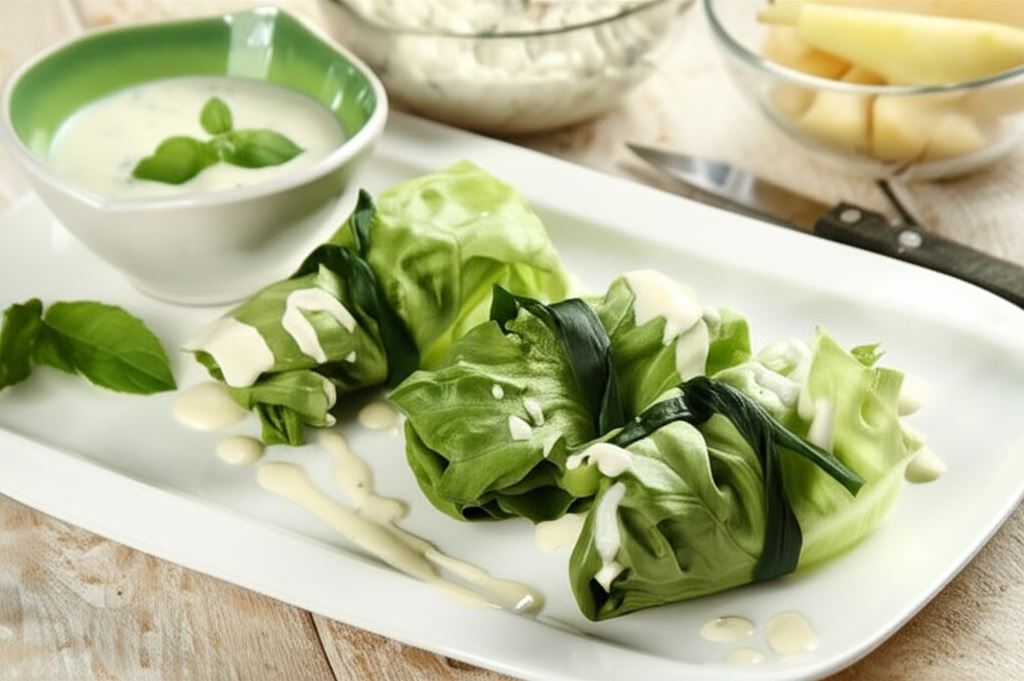 Zielone rollsy z gruszką i sosem jogurtowym