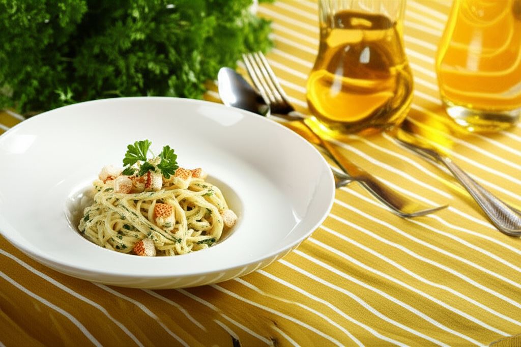 Zielone spaghetti z grzankami