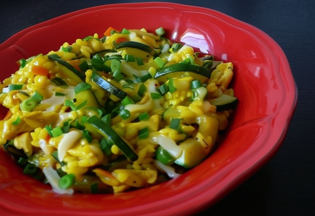 Żółte risotto z kurczakiem i cukinią