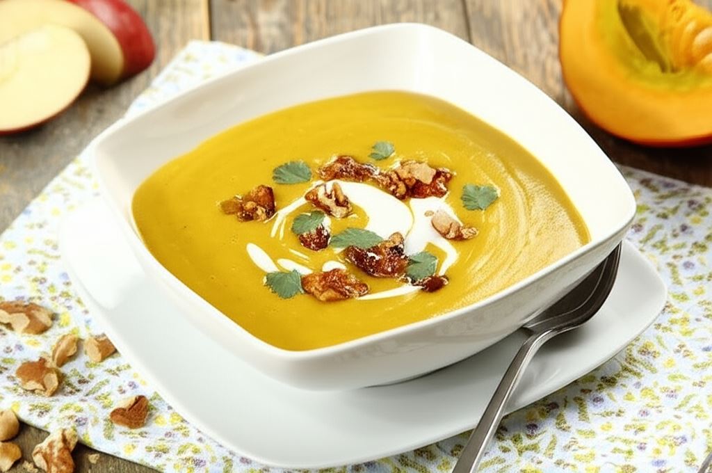 Zupa krem z dyni z karmelizowanym jabłkiem i pieczonymi orzechami