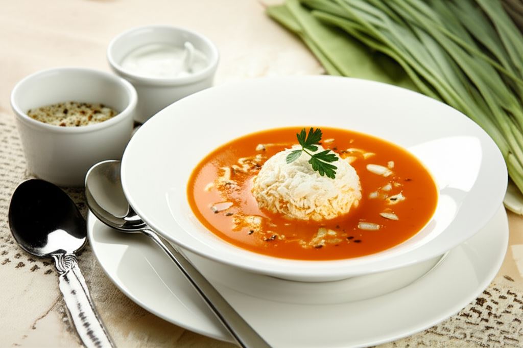 Zupa pomidorowa z ryżem i posypką z migdałów