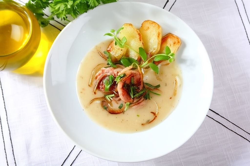 Żurek ze smażonymi ziemniakami i kiełbasą