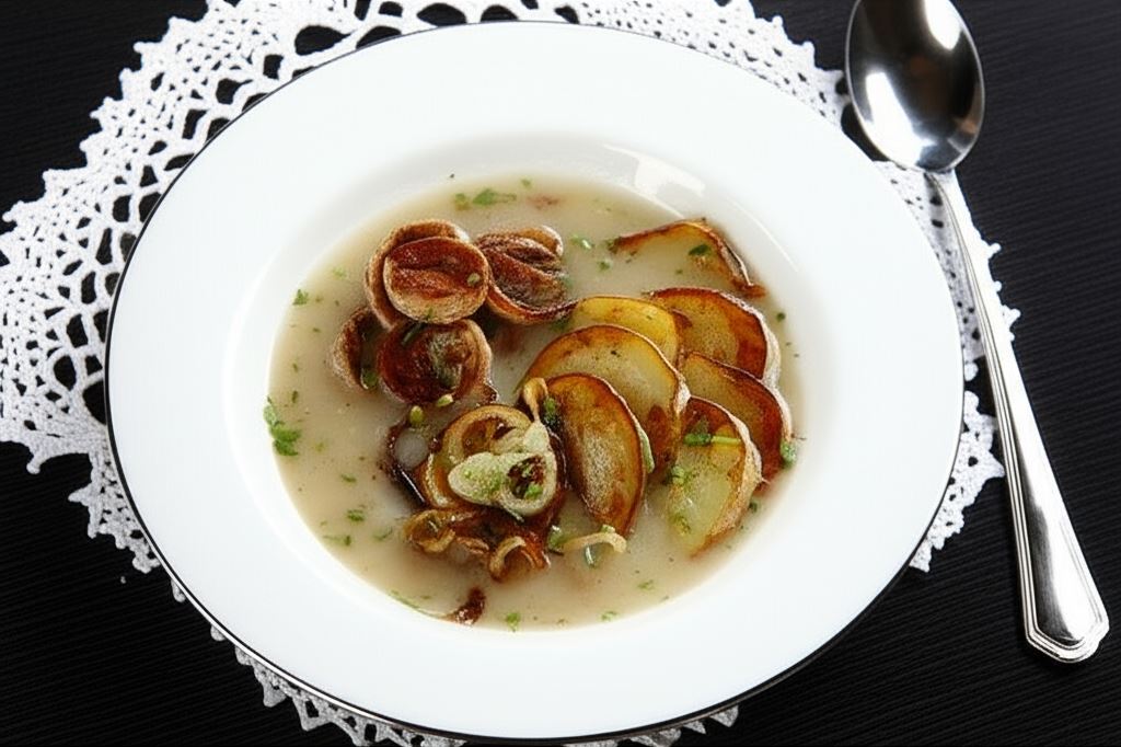 Żurek ze smażonymi ziemniakami i kiełbasą